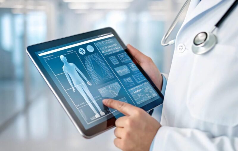 Doctor reviewing digital patient data on tablet in a clinical healthcare environment
