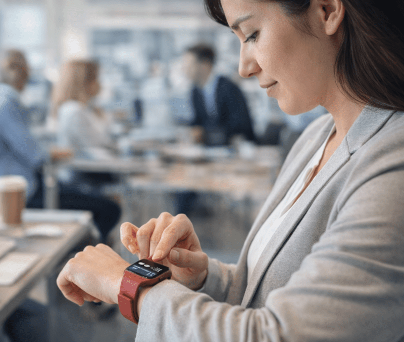Professional woman checking smartwatch health data in office environment