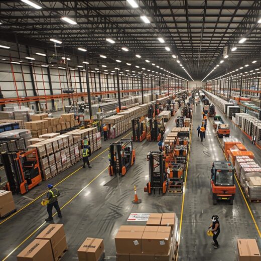 Busy warehouse with multiple workers and forklifts showing overlapping work activities and safety risks