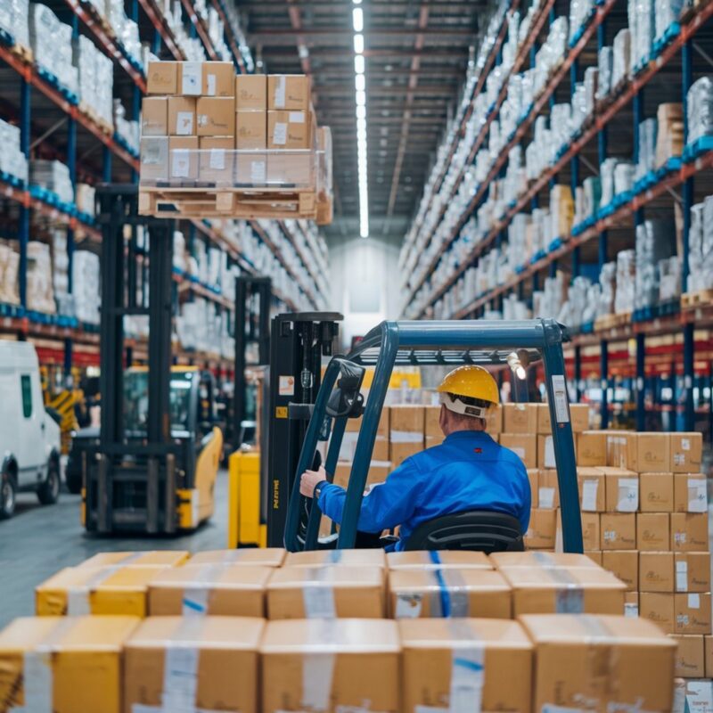 Forklift operating in busy warehouse with stacked pallets and workers highlighting complex work environment interactions