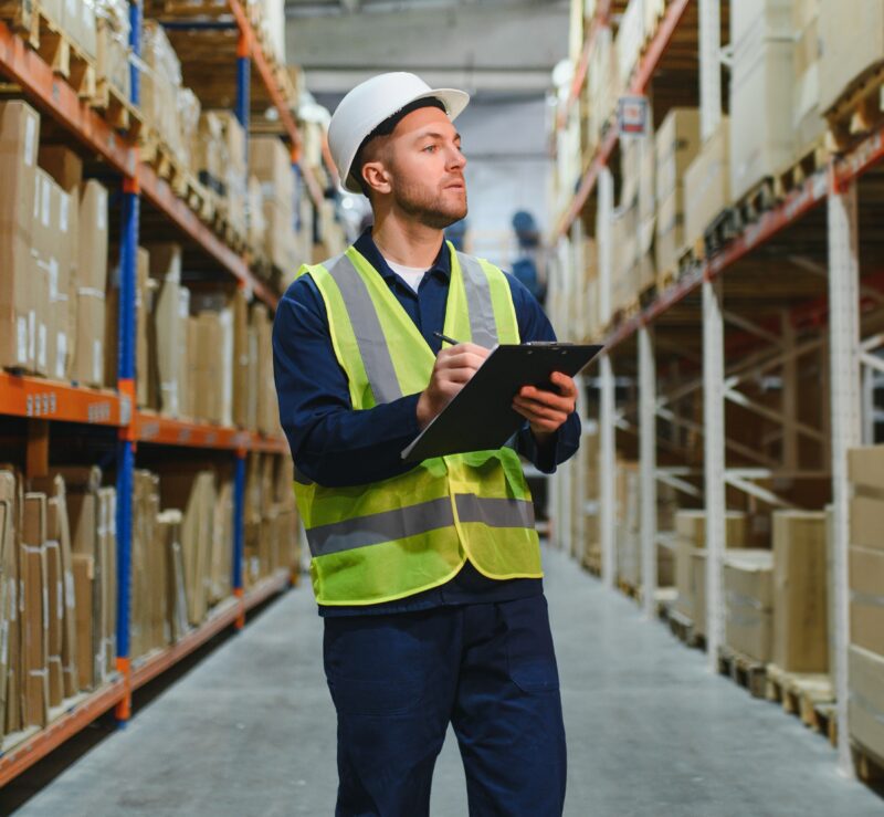 Warehouse supervisor wearing safety vest and helmet inspecting stock with clipboard during site walk