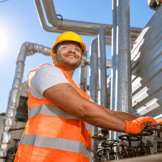 Industrial worker wearing a hard hat and high-visibility vest while operating equipment at a workplace.